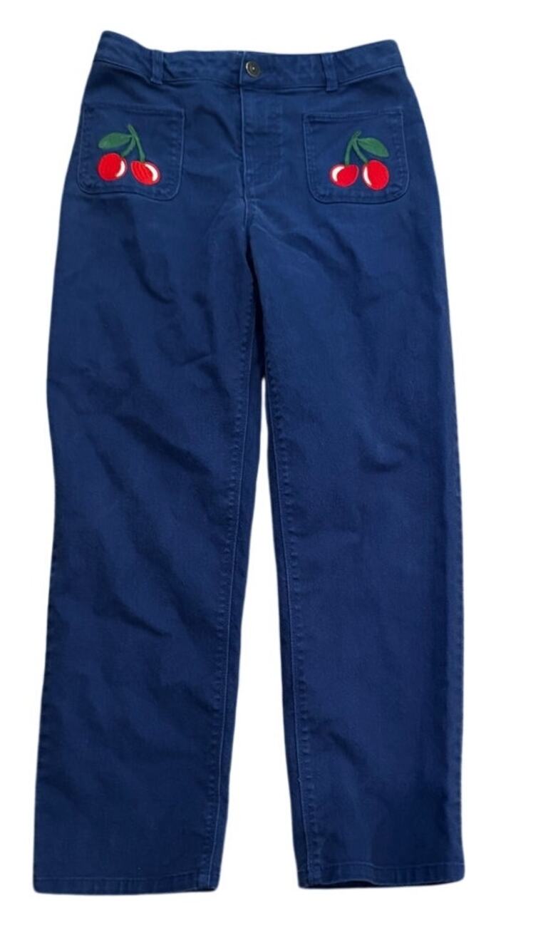Mini Boden Girls Navy Cherry Embroidered Jeans 11-12y Retro Patch Pockets